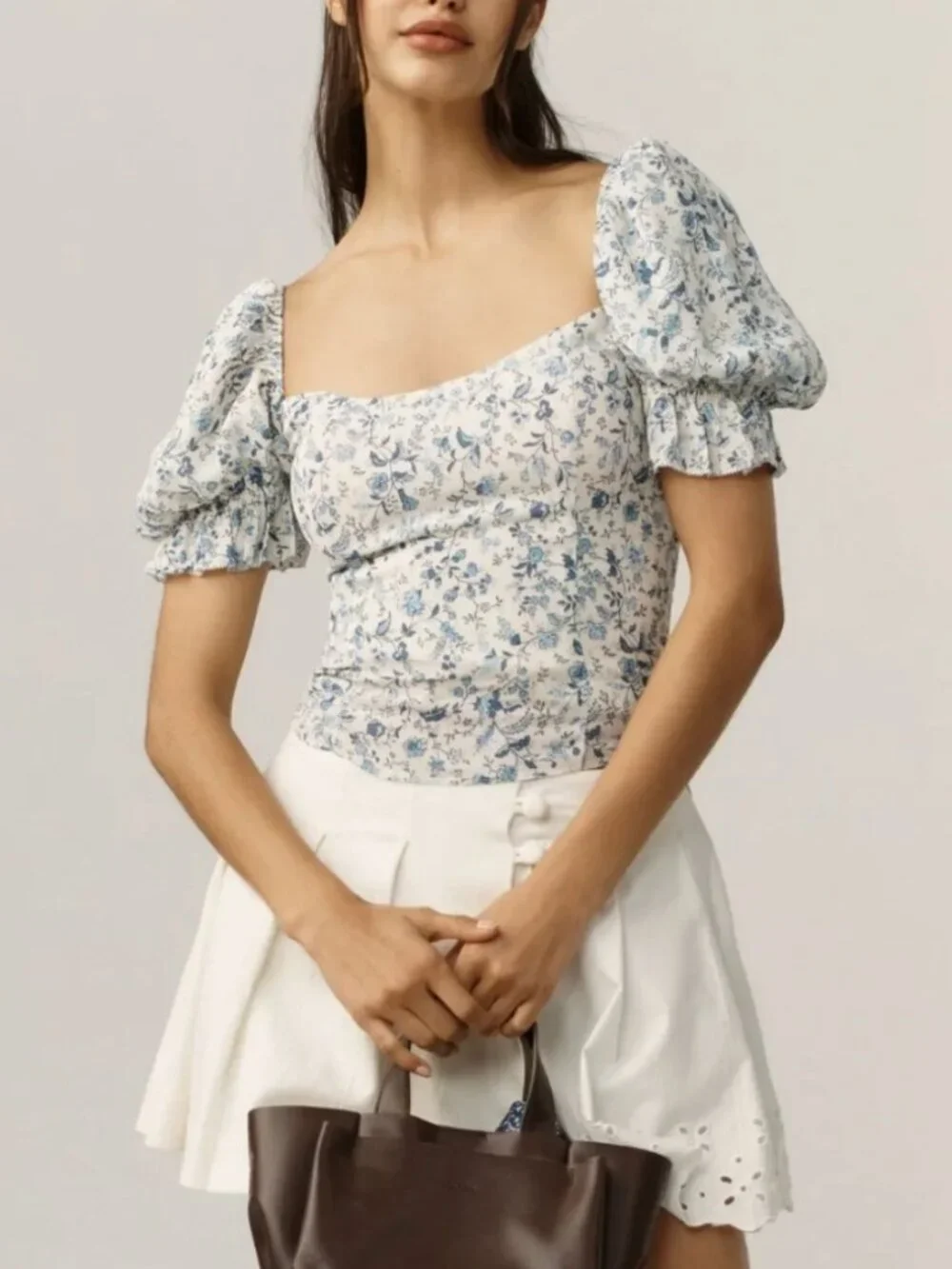 Reformation Marin Top Sz2 Nile Blue Ivory Floral French Blouse